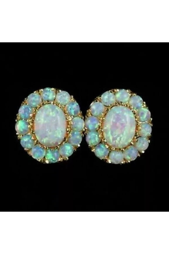 4Ct Oval Lab Created Fire Opal Flower Push Back Stud Earrings 14k Yellow Gold Plated