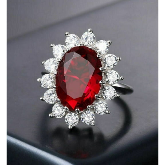 4Ct Oval Lab Created Red Ruby & Diamond Engagement Ring 14K White Gold Plated Sterling Silver