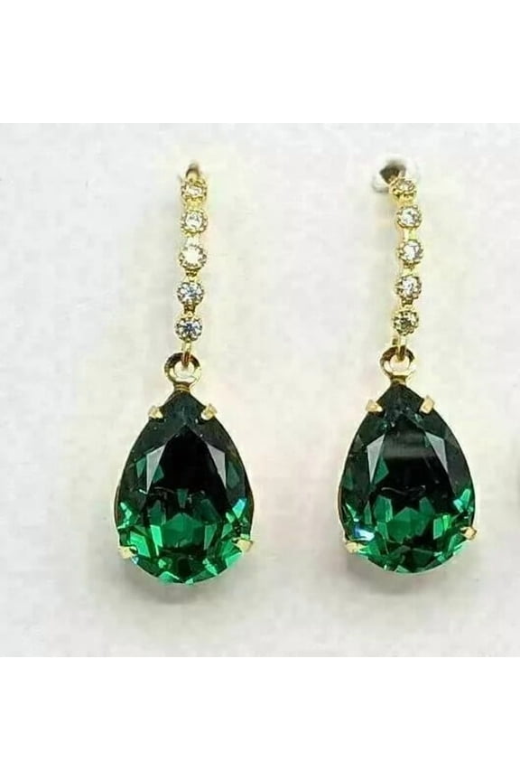 4Ct Pear Cut Lab-Created Green Emerald Drop Dangle Earrings 14K Yellow Gold Plated Silver