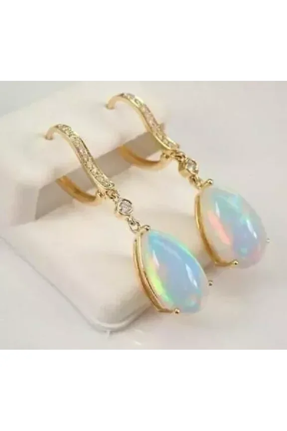4Ct Pear Cut Lab Created Opal Diamond Drop/Dangle Earrings 14k Yellow Gold Over
