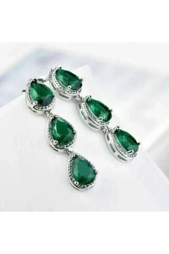 4Ct Pear Cut Simulated Emerald Women's Long Drop Earrings 14K White Gold Plated