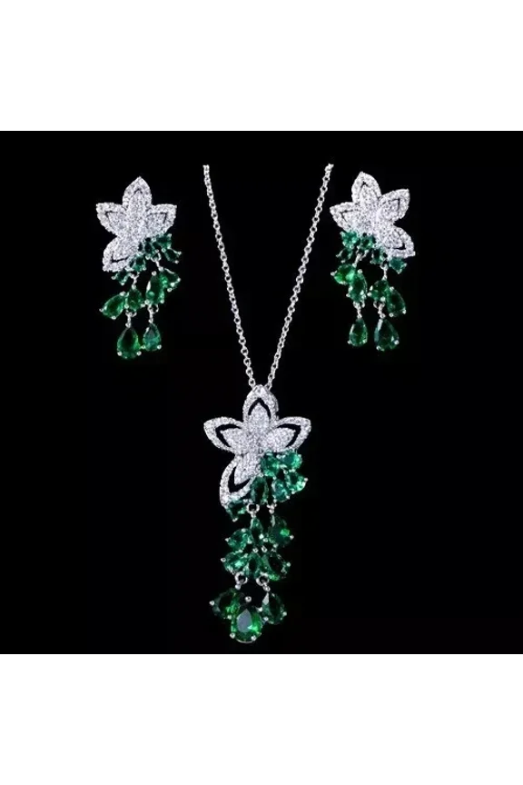4Ct Pear Cut Simulated Green Emerald Flower Wedding Jewelry Set 14K White Gold Plated