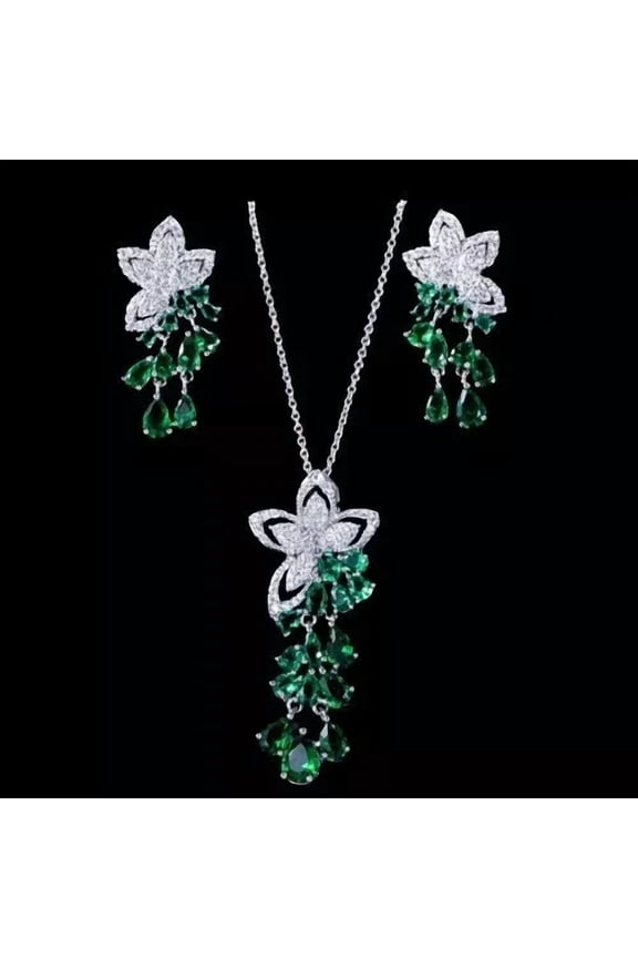 4Ct Pear Cut Simulated Green Emerald Flower Wedding Jewelry Set 14K White Gold Plated