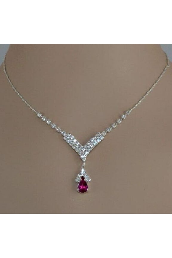 4Ct Pear Cut Simulated Red Ruby Women's Wedding Necklace 14K White Gold Plated 18"inch