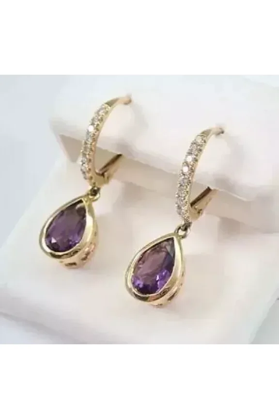 4Ct Pear Lab Created Amethyst Womens Drop/Dangle Earrings 14K Yellow Gold Plated