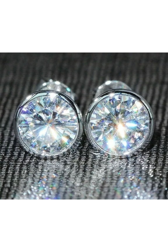 4Ct Round Cut Lab Created Diamond Bezel Set Solitaire Stud Earrings 14K White Gold Plated