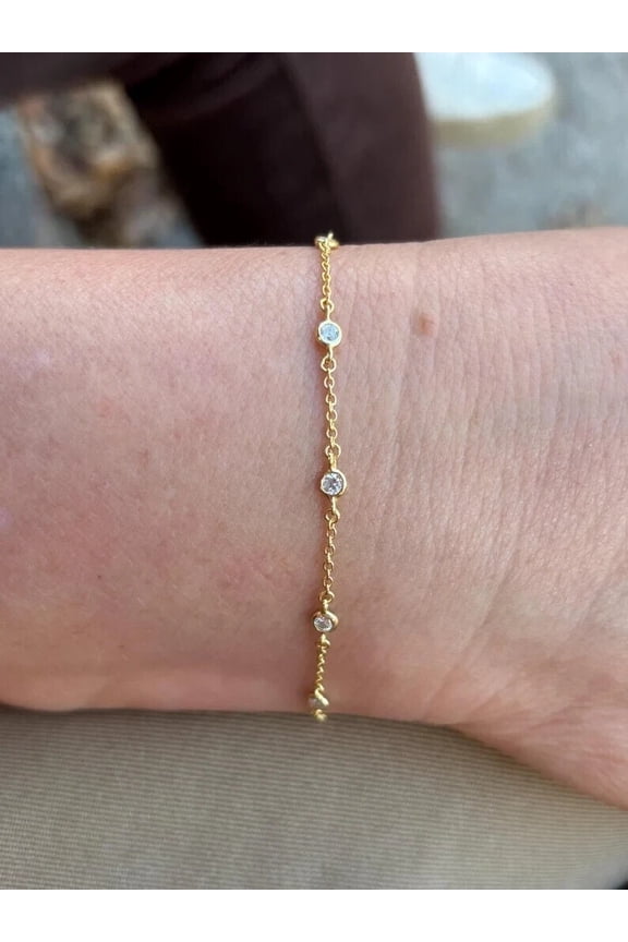 4Ct Round Cut Lab-Created Diamond Birthday Gift For Her Bezel Station Chain Bracelet 14K Yellow Gold Plated Silver 7"