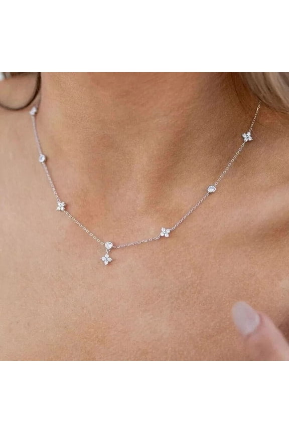 4Ct Round Cut Lab Created Diamond Station 18" Necklace 14K White Gold Plated Silver