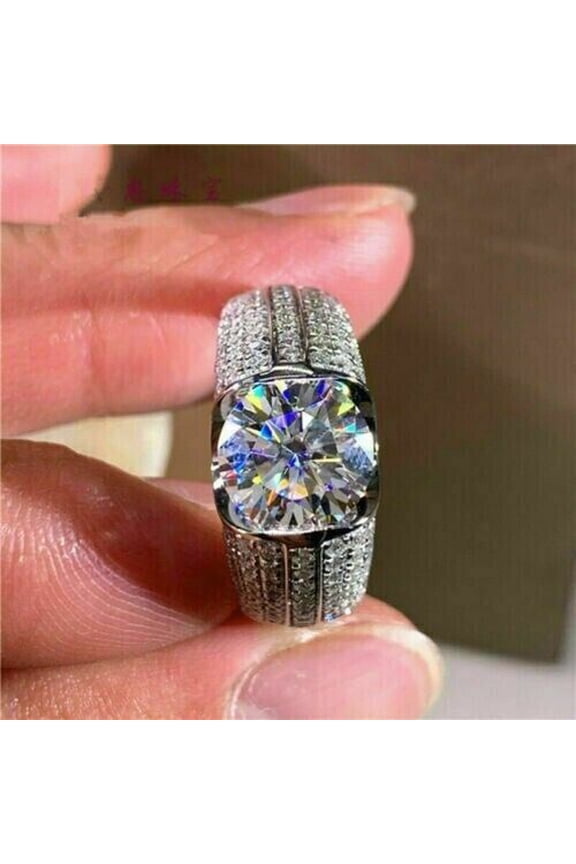 4Ct Round Cut Moissanite Men's Fancy Wedding Ring 14k White Gold Plated