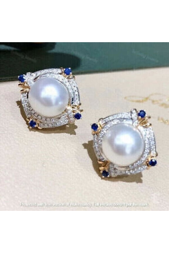 4Ct Round Cut Natural White Pearl & Moissanite Halo Omega Back Earrings 14K Yellow Gold Plated 925 Silver