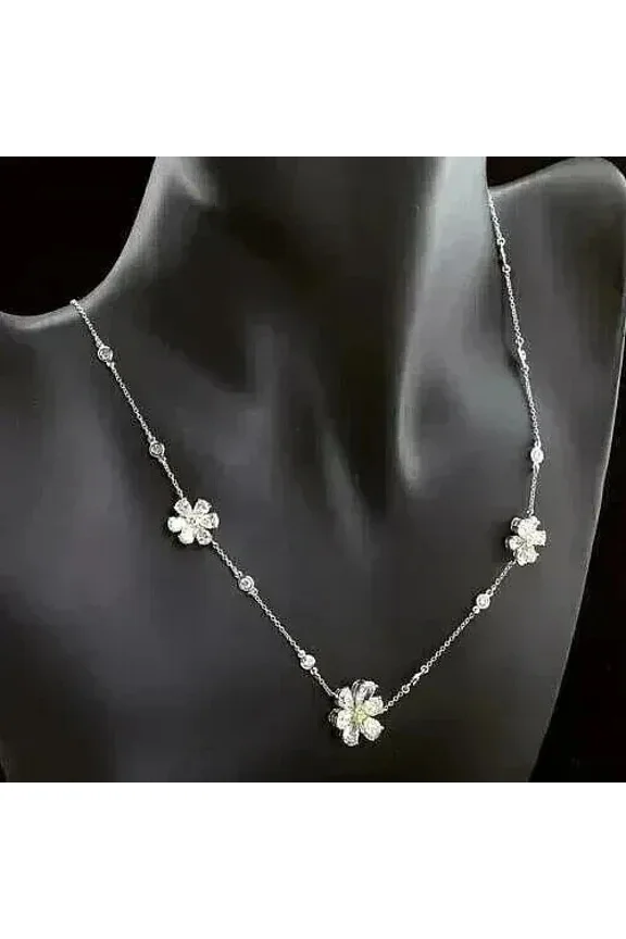 4Ct Round Cut Simulated Diamond Created Wedding Flower Necklace Chain 925 Silver 14k White Gold Plated
