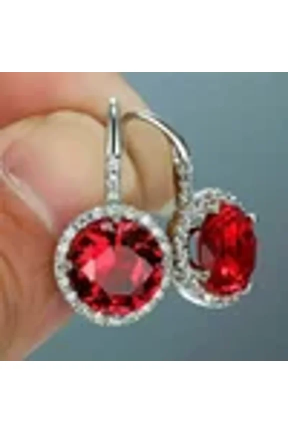 4Ct Round Cut Simulated Red Ruby Halo Drop Dangle Earrings 14K White Gold Plated