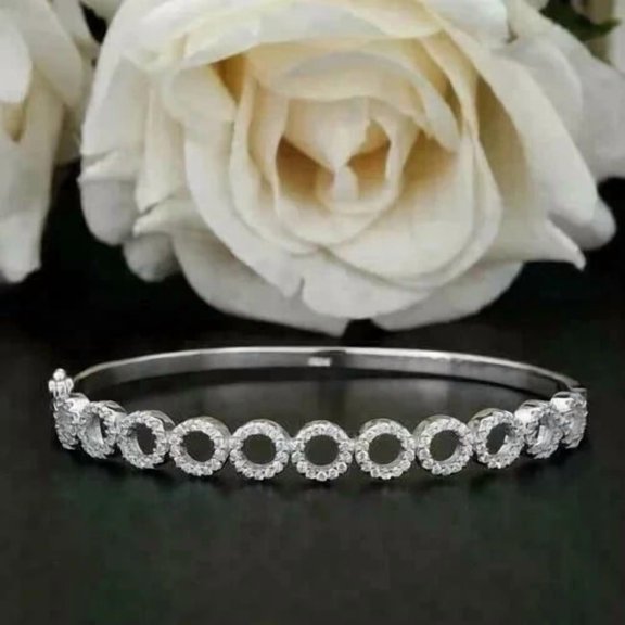 4Ct Round Cut White Lab Created Diamond Women's Bangle Bracelet 14K White Gold plated 2/4