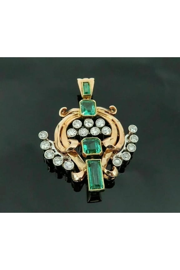 4Ct Simulated Green Emerald Women's Vintage Pendant 14k Two Tone Gold Plated Ascher Cut Pure 925 Sterling Silver