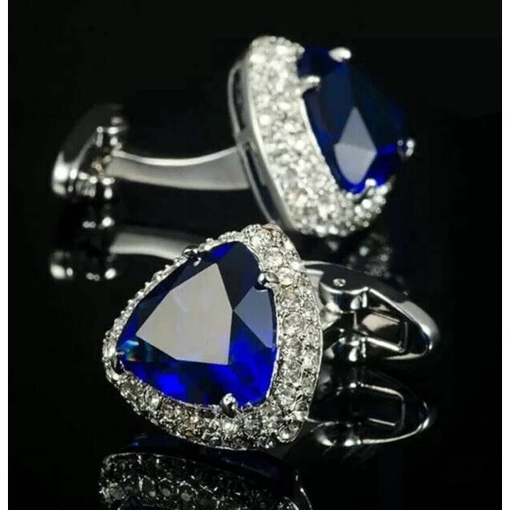 4Ct Trillion Cut Lab-Created Blue Sapphire Engagement Halo Classsic Men's Cufflink 14K White Gold Plated 925 Silver