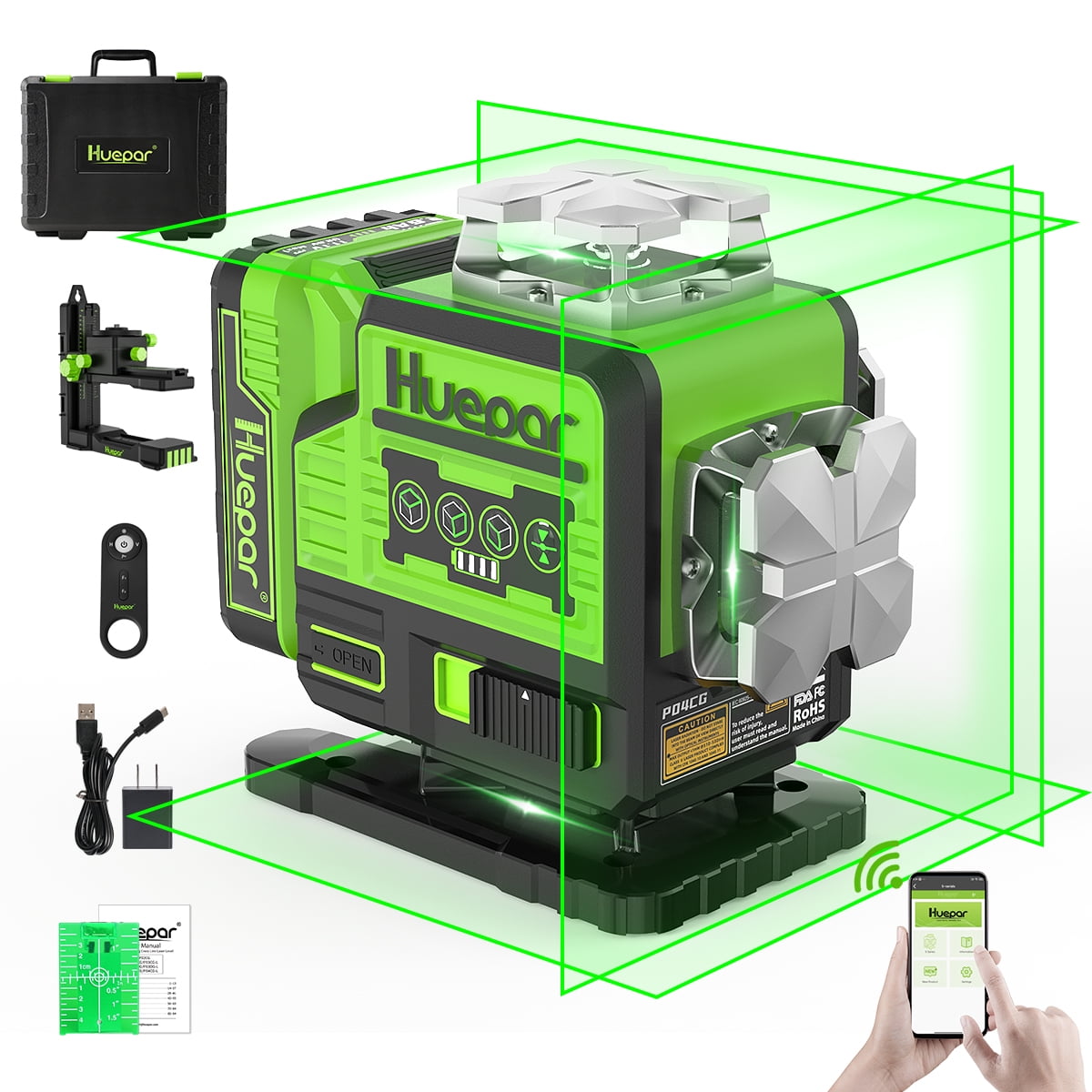 Huepar 4 x 360° Self-Leveling Laser Level Green Beam 4D Cross Line Laser  Leveler Tools with Bluetooth & Remote Control P04CG 
