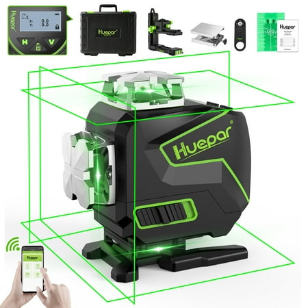 4D 16 Lines Self-Leveling Laser Level, 200Ft Green Beam 4 x 360° Cross Line Laser Level Tools with LCD Screen, Bluetooth and Magnetic Bracket