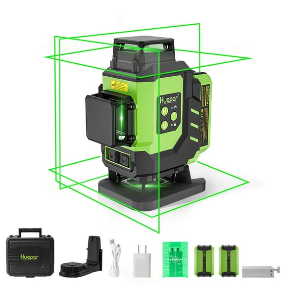 4D 16 Lines Self-leveling Laser Level, Green 4 x 360° Cross Line Laser Level Tiling Floor Tools with 2 x 5200mAh Li-ion Batteries and Magnetic Bracket