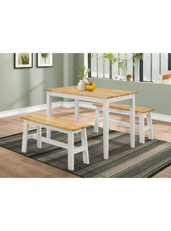 4D Concepts 534110 New York Table with 2 Benches&#44; Natural & White