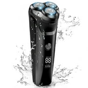 4D Electric Shaver for Men, IPX7 Waterproof Electric Razor Dry Wet Rotary Face Shaver Rechargeable Cordless Travel Beard Trimmer w/ LED Display & Charging Stand & Pop Up Trimmer for Dad Husband