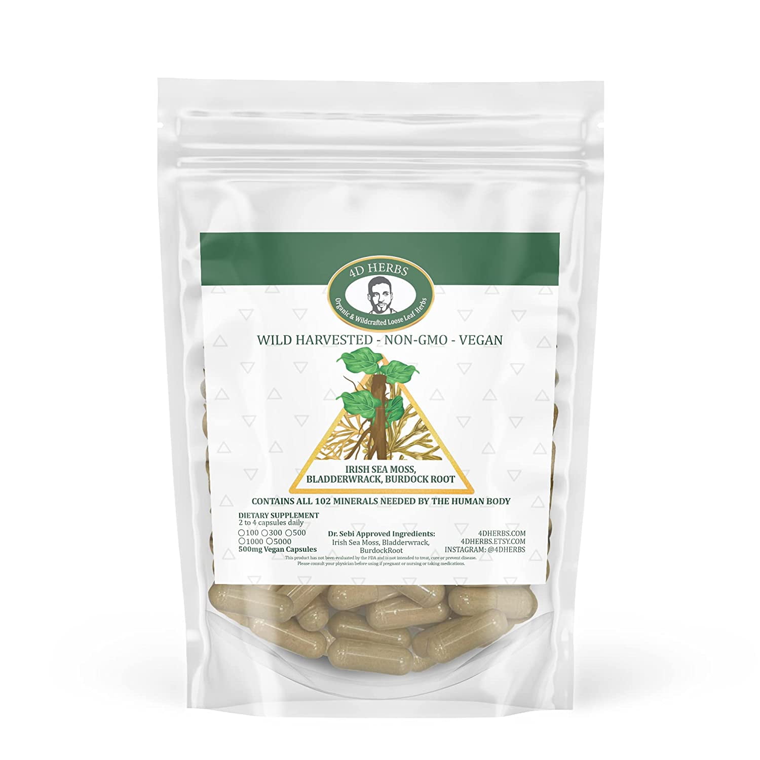 4D Herbs Organic Irish Sea Moss Bladderwrack Burdock Root Dietary Supplement 500mg 100 Capsules ...
