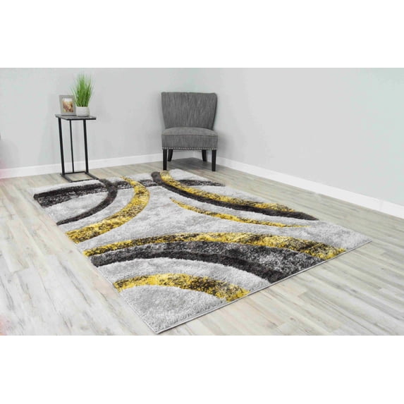 4D Shaggy Rug Hand Carved Plush Thick Modern Contemporary Abstract For Living Room Bedroom 6485 (7'8"x10'8",Yellow)