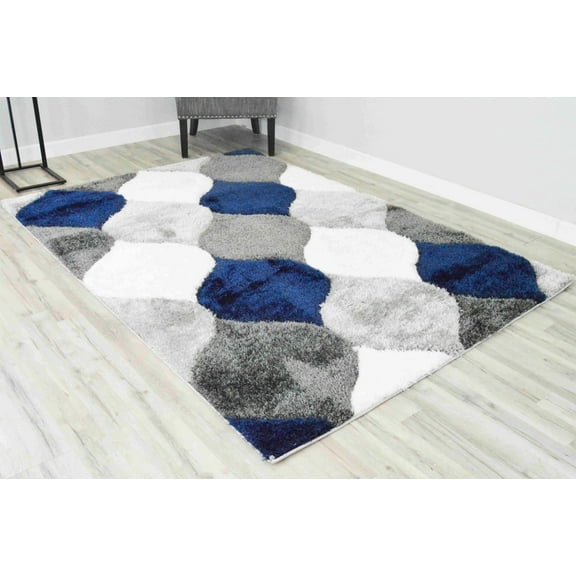 Planet Rugs Shaggy Plush Modern Abstract Area Rug 5'2" x 7'5" Navy for Living Room & Bedroom