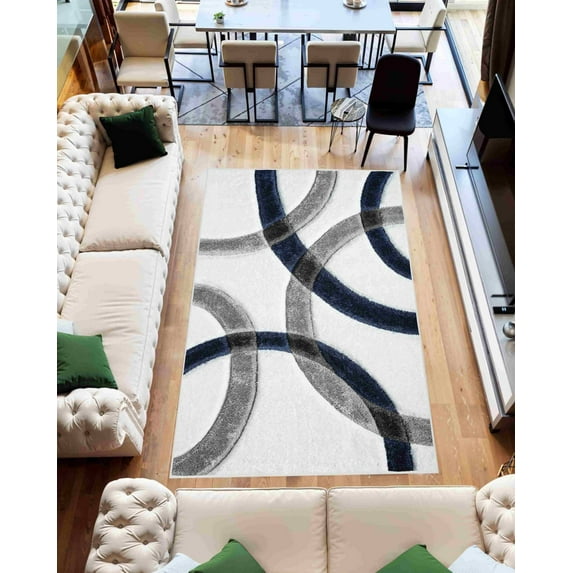 4D Shaggy Rug Hand Carved Plush Thick Modern Contemporary Abstract For Living Room Bedroom 6491 (5'2"x7'5",Navy)