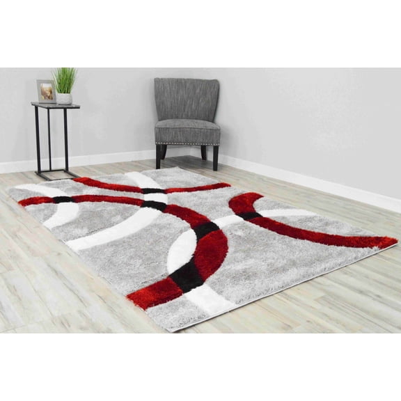 4D Shaggy Rug Hand Carved Plush Thick Modern Contemporary Abstract For Living Room Bedroom 6491 (5'2"x7'5",Red)