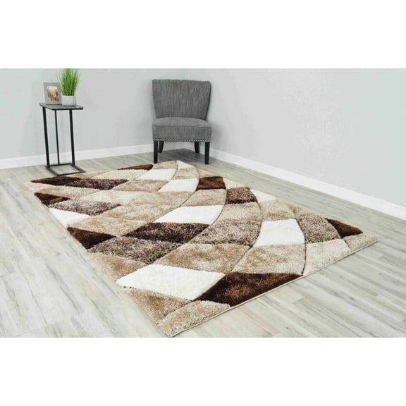 4D Shaggy Rug Hand Carved Plush Thick Modern Contemporary Abstract For Living Room Bedroom 6492 (5'2"x7'5",Brown)