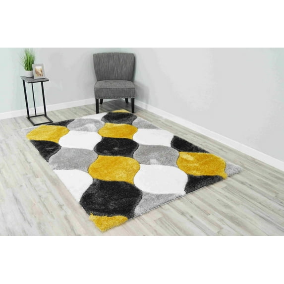 4D Shaggy Rug Hand Carved Plush Thick Modern Contemporary Abstract For Living Room Bedroom 6488 (2'6"x7'9" Runner,Yellow)