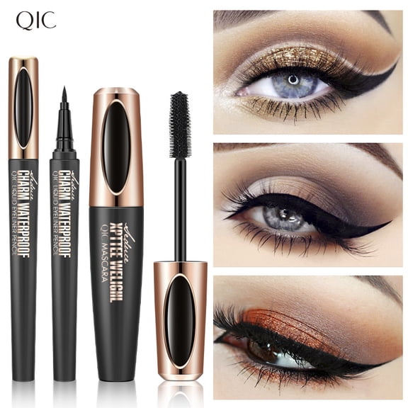 4D Silk Fiber Mascara & Eyeliner Pen Set, Waterproof Smudge Proof Mascara Black Volumizing Lengthening, No Flaking No Clumping, Long Lasting Natural Look