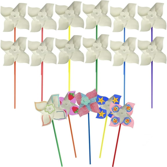 4E's Novelty 100 Pack DIY Pinwheels Craft for Kids, Bulk Summer Pinwheel Craft Kit, Colour Your Own Paper Windmill