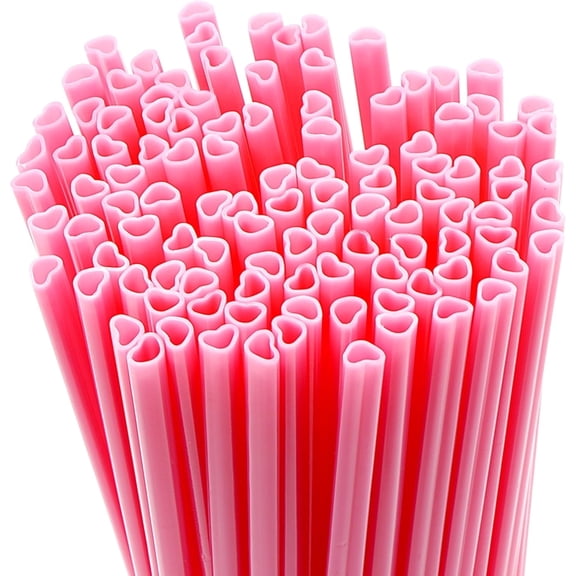 4E's Novelty 100 Pcs Pink Heart Straws, Individually Wrapped Plastic Straws, Valentine Party pack