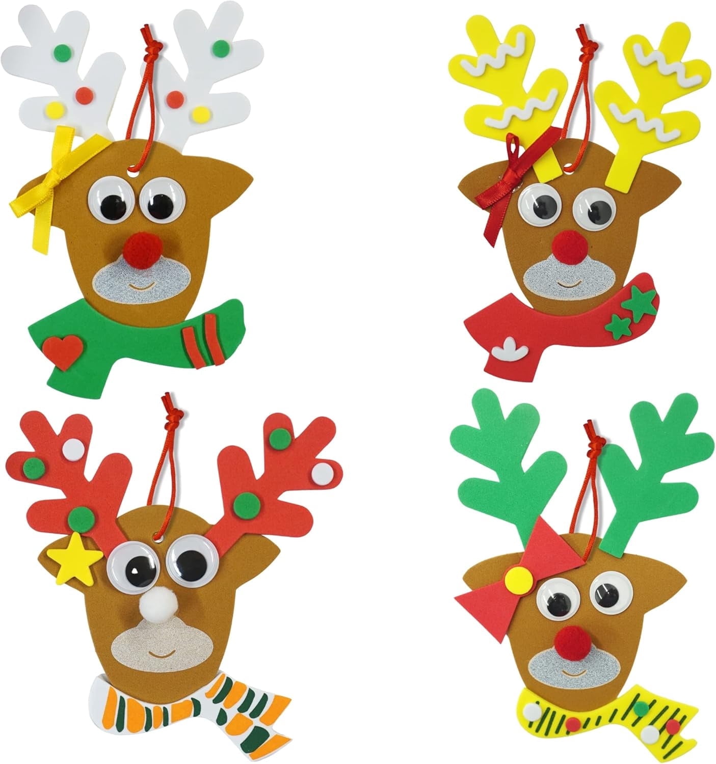 4E's Novelty Reindeer Christmas Ornament Craft 12 Pack – Foam DIY Holiday Arts & Crafts Kit for Kids Toddlers 4-8, Party Favors