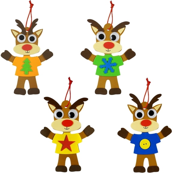 4E's Novelty 12 Pack Foam Reindeer Ornament Craft Kit for Kids, DIY Christmas Crafts