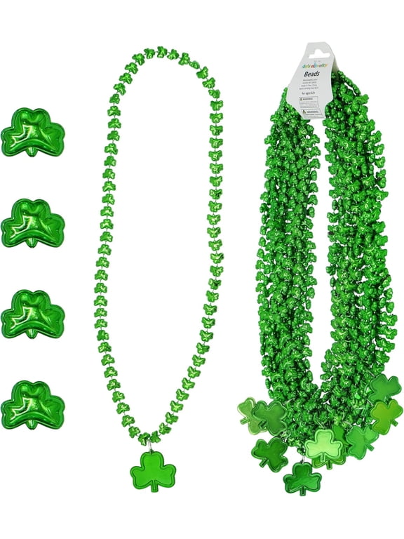 12 Pack St Patrick's Day Beaded Necklaces, Green Shamrock Clover Party Favors