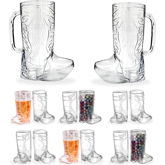 4E's Novelty 14 PCS Cowboy Boot Cups Set Reusable Plastic - 2 Large 17oz Mugs & 12 Mini Shot Glasses for Western Party Decorations Bachelorette Party Supplies
