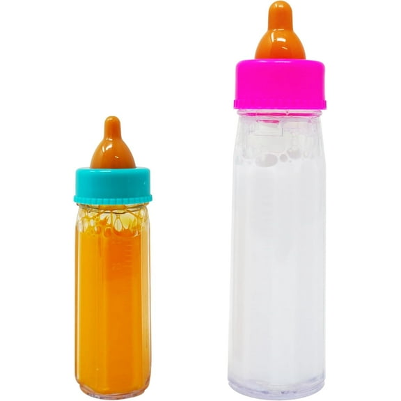 4Es Novelty 2 Pack Baby Doll Bottles with Disappearing Milk & Juice, Baby Doll Accessories for Toddlers Ideal Gift, Interactive Play!