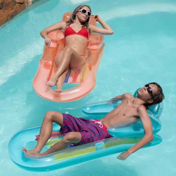 4E's Novelty 2 Pack Pool Floats for Adults Heavy Duty Inflatable Lounger with Cup Holder, Pink & Blue