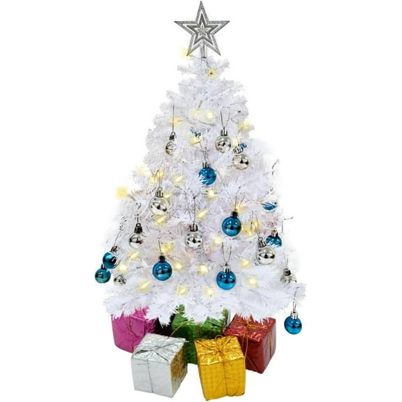 4E's Novelty 23" White Christmas Tree with Lights - Prelit Mini Tabletop Christmas Tree, Artificial White Christmas Tree Ornaments with Star Topper