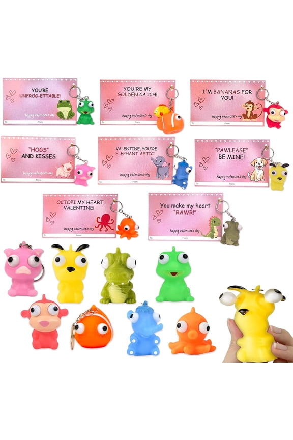 24 Pack Valentines Cards with Popping Eye Animals,  Pop Out Eyes Squeeze Toy Keychain with Cards
