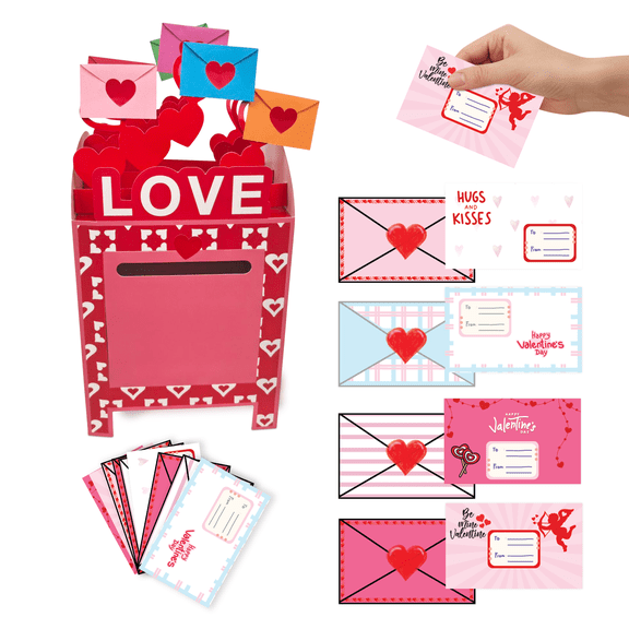 4E's Novelty 28 Pcs Valentines Mailbox with Cards for Kids - DIY Valentine Card Mailbox Envelope Design Box Kit