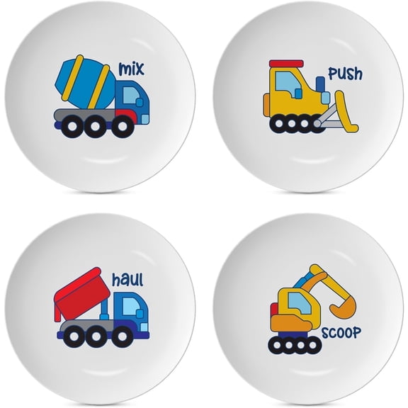 4E's Novelty 4Pcs Melamine Kids Plate Set 10 Inch Construction Truck Character Dinnerware