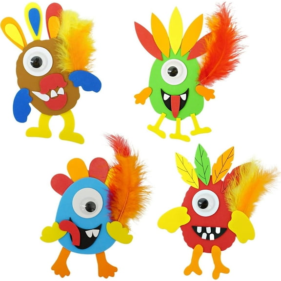 4E's Novelty 4 Pack Monster Turkey Crafts for Kids - Turkey Monster Craft Kit, Self-Adhesive Foam Magnets, Fun Thanksgiving Activity for Ages 4-12