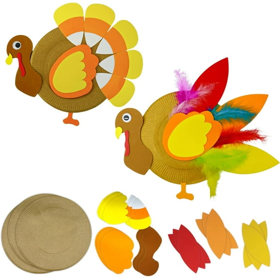 4E's Novelty 4 Pack Turkey Plate Craft for Kids - Fall Thanksgiving Arts and Crafts for Kids Ages 3-12, Fun DIY Thanksgiving Plate Party Decorations
