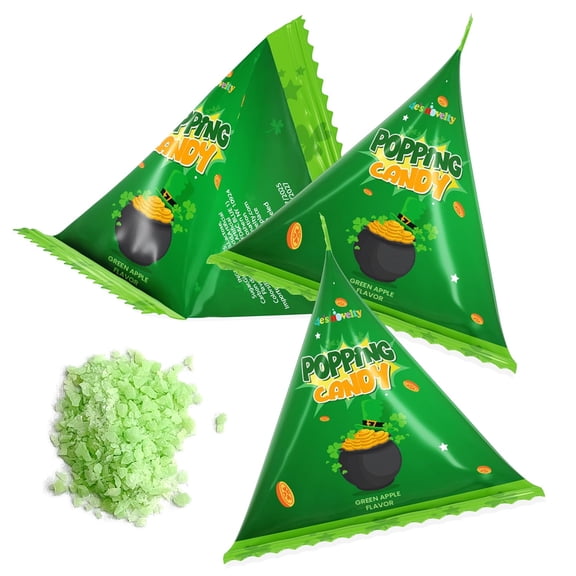 4E's Novelty 40 Pack St. Patrick's Day Popping Candy - Green Apple Flavor Green Rocks, Poping Sensation
