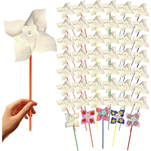 4E's Novelty 48 Pack DIY Pinwheels Craft Kit for Kids Color Your Own White Pinwheels, Ideal for Spring Crafts and Party Activities