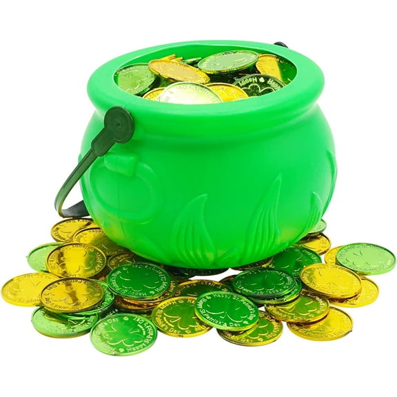 4E's Novelty 5" St. Patrick's Day Pot of Gold with 100 Coins - Green Plastic Cauldron Bucket