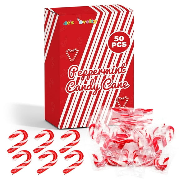 4E's Novelty 50 Pack Christmas Mini Individually Wrapped Candy Canes, Red and White Peppermint Candy Canes